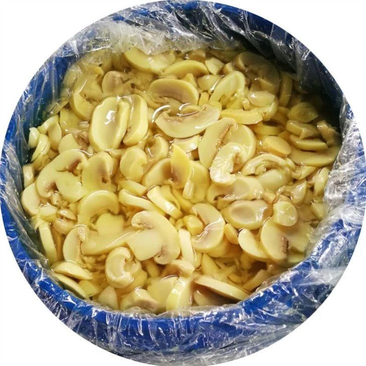 Sliced mushroom in brine in drums